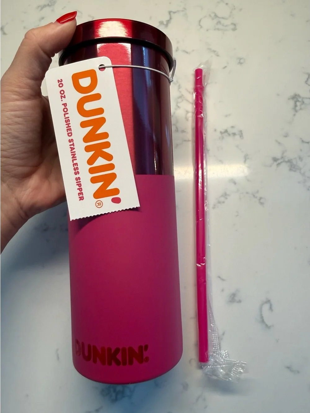 NEW Dunkin Pink 20oz Polished Stainless Sipper